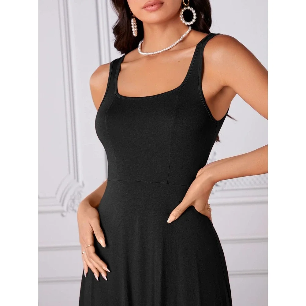 Square neck Sleeveless High Waist A line Dress black - Picture 2 of 8